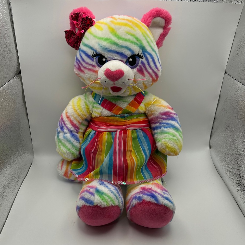 Build A Bear Rainbow Zebra Striped Cat Plush Pink Bow Outfit Clothes BAB